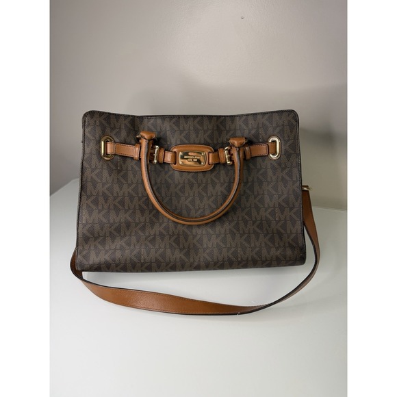 Michael Kors Handbags - Michael Kors Hamilton East West Brown Leather Purse Handbag Tote MK Logo Print